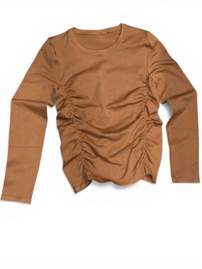 OQQ Brown Caramel Ruched Long Sleeve Top Size L NWT Seamless Slim Fit Athleisure